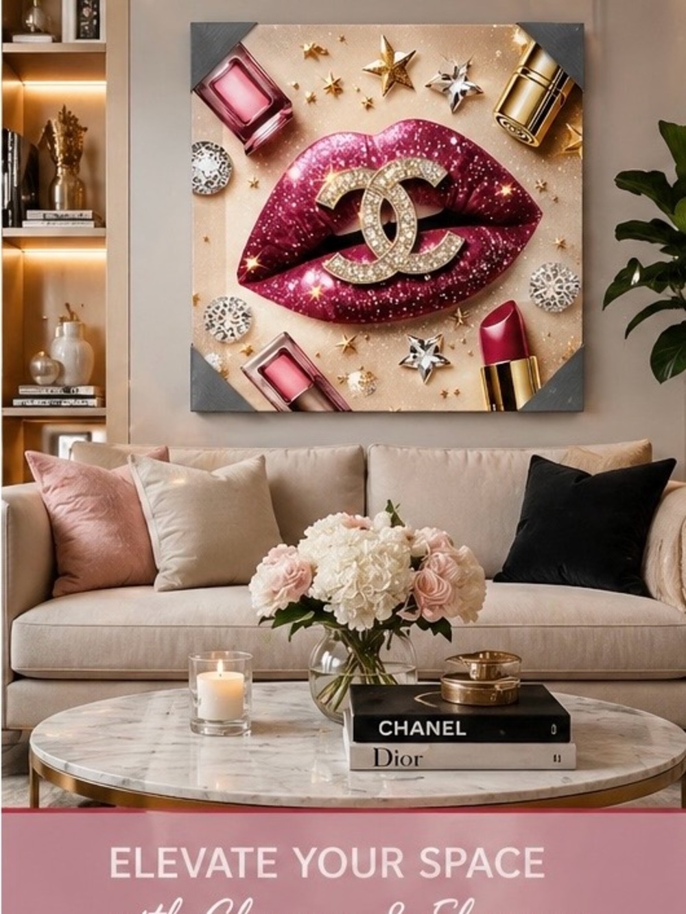 CHANEL Pink Glitter Lip Wall Art with Gold Accents